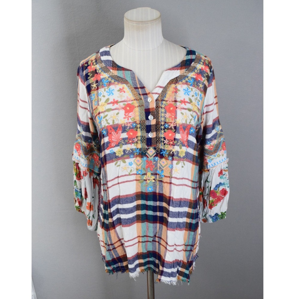 John Mark Boho Patchwork Embroidered Plaid Tunic … - image 1